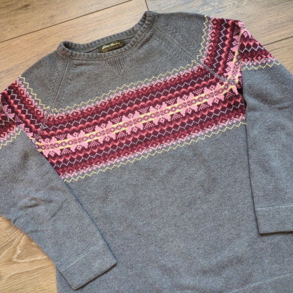 Vtg Eddie Bauer Fair Isle Sweater 90s Y2K Gray Pink Cotton Angora Blend Small